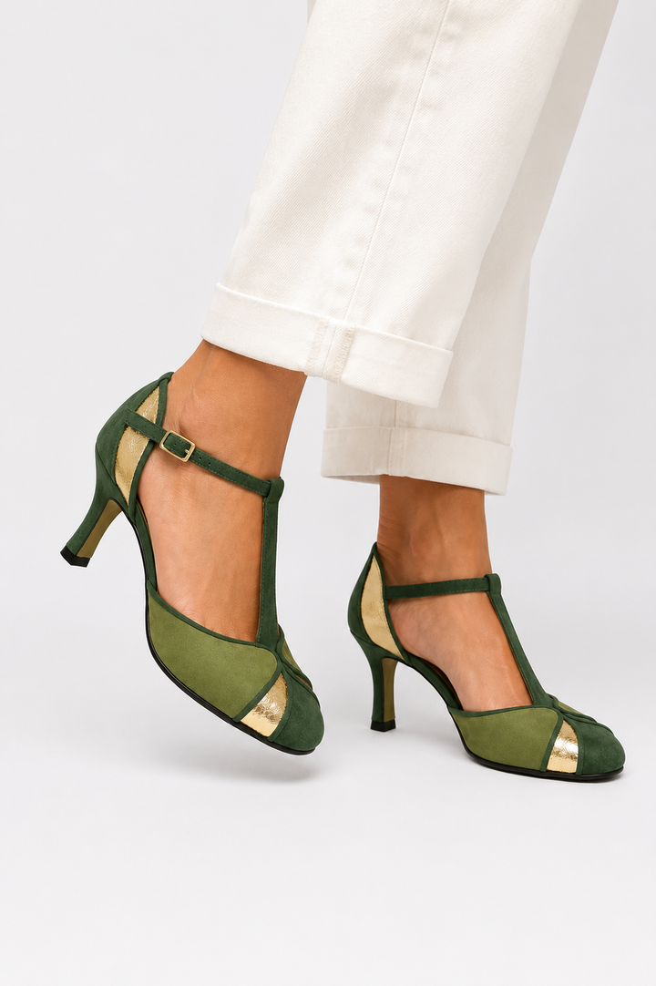 Taviana | Zapatos de tacón patchwork con tira en T y punta cerrada